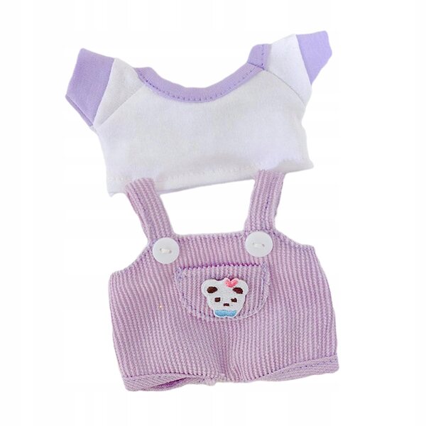 Set 2 vestiti per bambole da 17 cm con pantaloni, bretelle e t-shirt viola