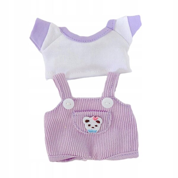 Set 2 vestiti per bambole da 17 cm con pantaloni, bretelle e t-shirt viola