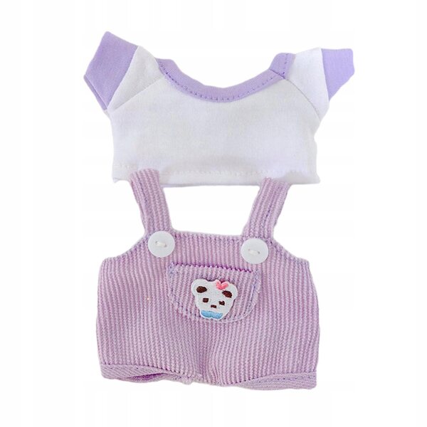 Set 2 vestiti per bambole da 17 cm con pantaloni, bretelle e t-shirt viola