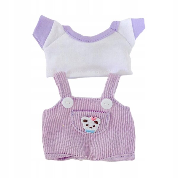 Set 2 vestiti per bambole da 17 cm con pantaloni, bretelle e t-shirt viola