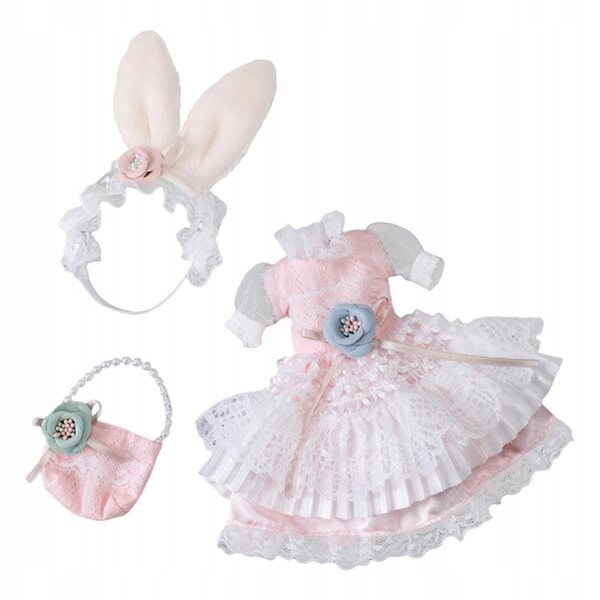 Rosa-weißes Partykleid für 30-cm-Puppen mit Haarschmuck und Tasche