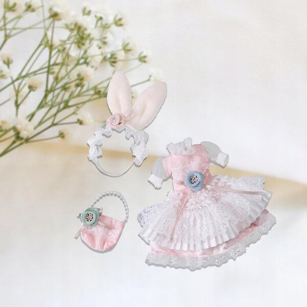 Rosa-weißes Partykleid für 30-cm-Puppen mit Haarschmuck und Tasche