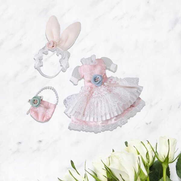 Rosa-weißes Partykleid für 30-cm-Puppen mit Haarschmuck und Tasche
