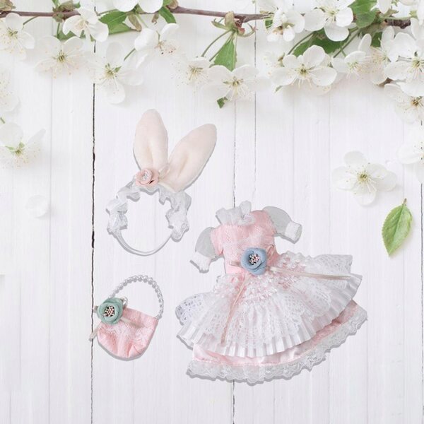 Rosa-weißes Partykleid für 30-cm-Puppen mit Haarschmuck und Tasche