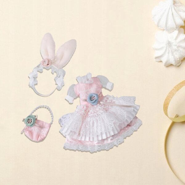 Rosa-weißes Partykleid für 30-cm-Puppen mit Haarschmuck und Tasche