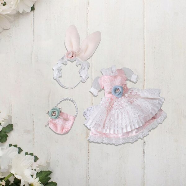 Rosa-weißes Partykleid für 30-cm-Puppen mit Haarschmuck und Tasche