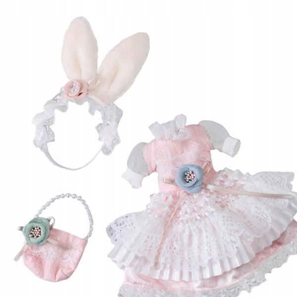 Rosa-weißes Partykleid für 30-cm-Puppen mit Haarschmuck und Tasche