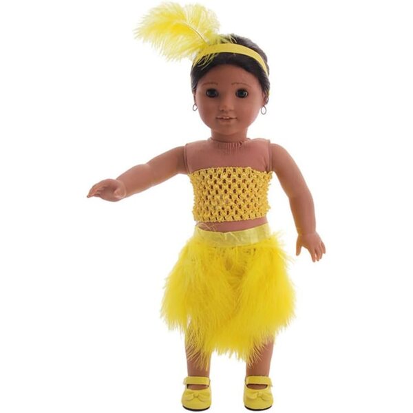 Abito Giallo per Bambole 46 cm con Gonna Piume, Top Aperture e Cerchietto Piume