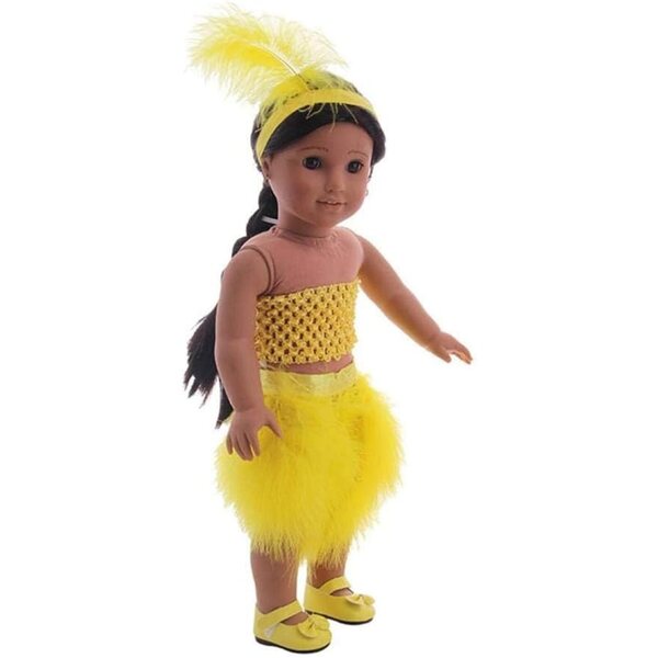 Abito Giallo per Bambole 46 cm con Gonna Piume, Top Aperture e Cerchietto Piume