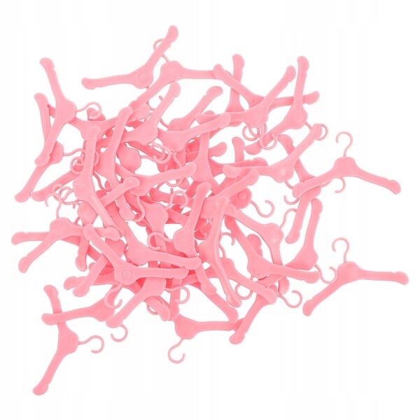 100 Mini-Kleiderbügel aus rosafarbenem Kunststoff für Puppenkleidung – komplettes Set