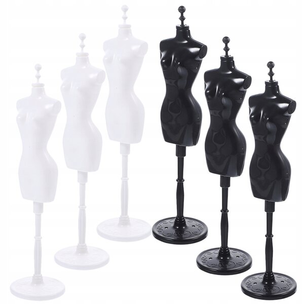 Set 6 supporti espositivi per abiti da bambola neri e bianchi in plastica