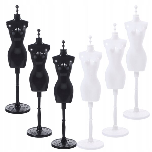 Set 6 supporti espositivi per abiti da bambola neri e bianchi in plastica