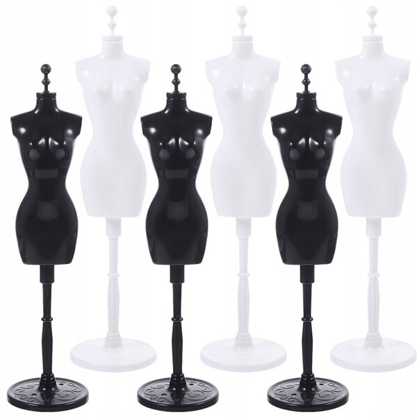 Set 6 supporti espositivi per abiti da bambola neri e bianchi in plastica