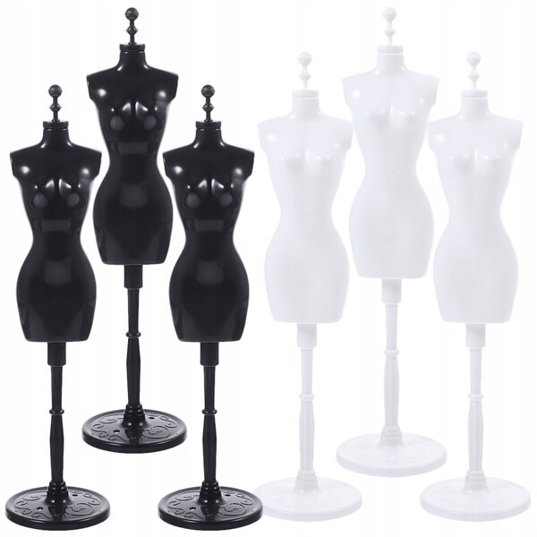 Set 6 supporti espositivi per abiti da bambola neri e bianchi in plastica