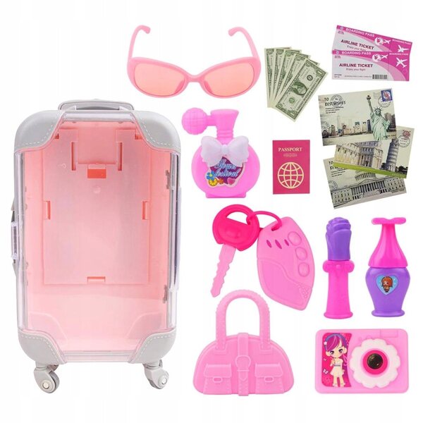 Miniatura valigia da viaggio per bambole 18 cm rosa per giochi e accessori