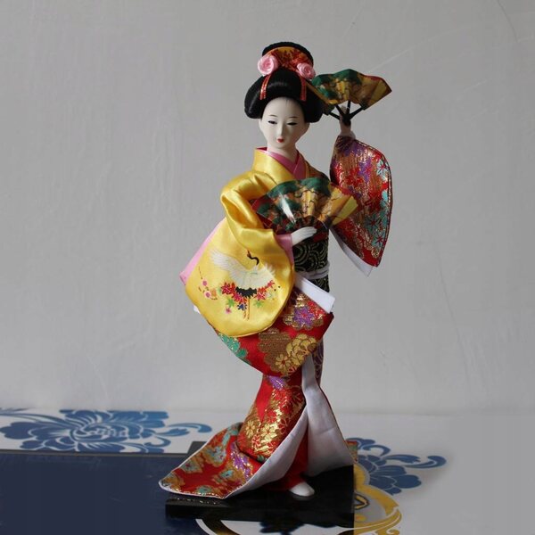 Japanische Vintage-Geisha-Puppe, 30 cm, mit gelbem Kimono zur Dekoration