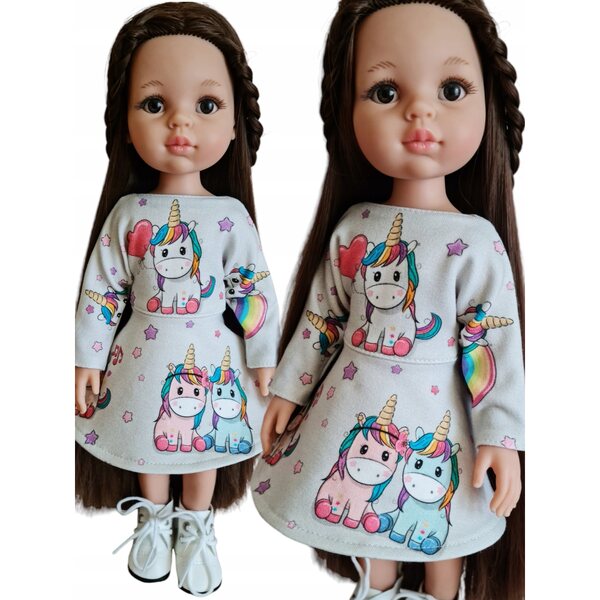 Paola Reina 32 cm Puppenkleid mit bunten Einhörnern und Klettverschluss