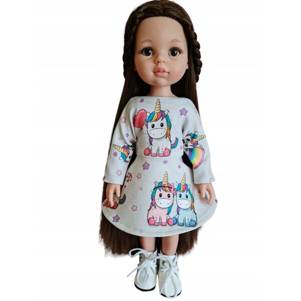 Paola Reina 32 cm Puppenkleid mit bunten Einhörnern und Klettverschluss