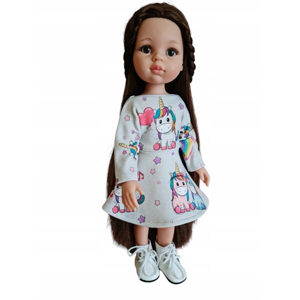 Paola Reina 32 cm Puppenkleid mit bunten Einhörnern und Klettverschluss