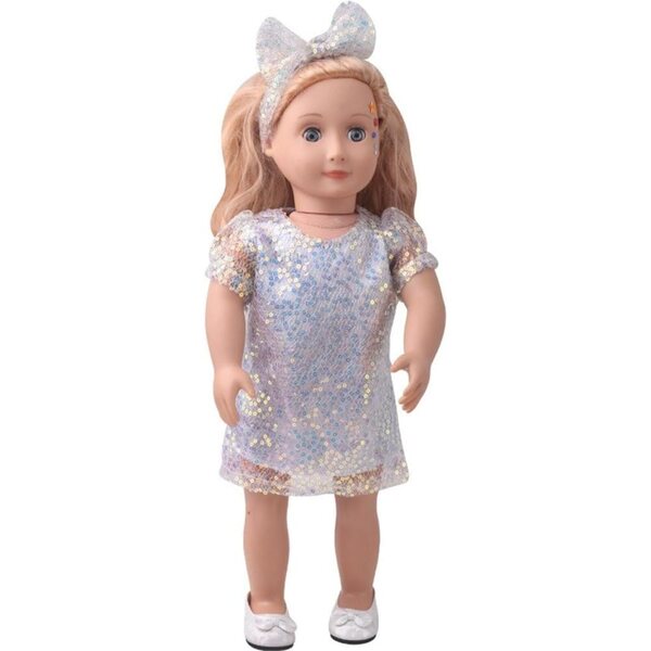 Kleidung für amerikanische Puppen 46 cm – Paillettenkleid mit Haarband