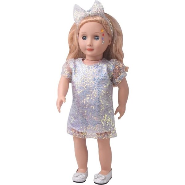 Kleidung für amerikanische Puppen 46 cm – Paillettenkleid mit Haarband