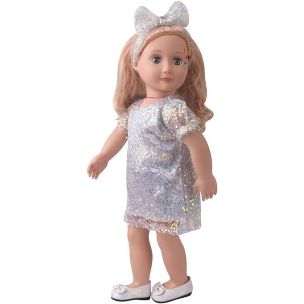 Kleidung für amerikanische Puppen 46 cm – Paillettenkleid mit Haarband
