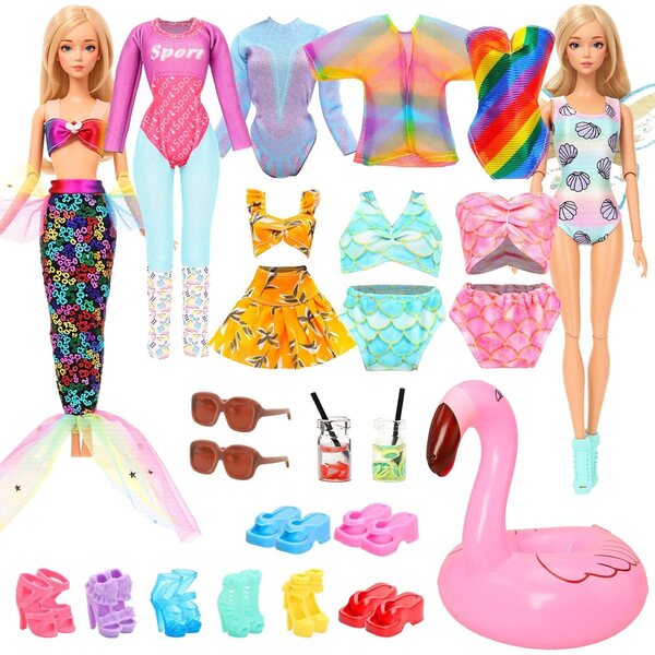 Miunana Set 21 Accessori Mare Bambola 30cm: 8 Costumi, Scarpe, Occhiali e Flamingo