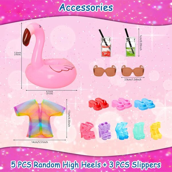 Miunana Set 21 Accessori Mare Bambola 30cm: 8 Costumi, Scarpe, Occhiali e Flamingo