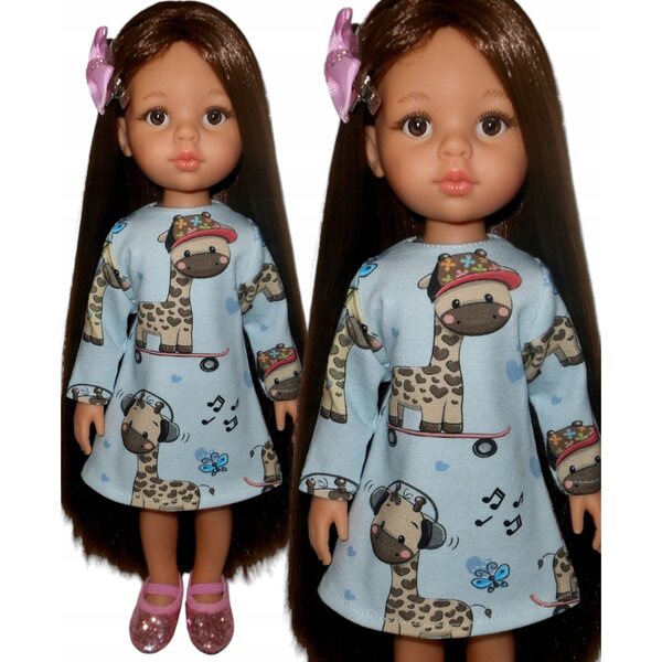 Kleid für Paola Reina 32 cm Puppe mit Giraffendruck auf blauem Hintergrund