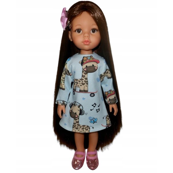 Kleid für Paola Reina 32 cm Puppe mit Giraffendruck auf blauem Hintergrund