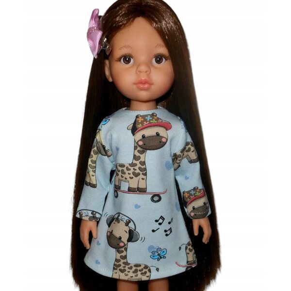 Kleid für Paola Reina 32 cm Puppe mit Giraffendruck auf blauem Hintergrund