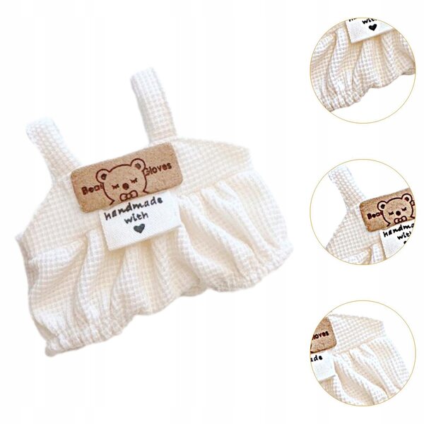 Beiges Stoffkleid für 15 cm große Puppe – weiche Hose mit Hosenträgern