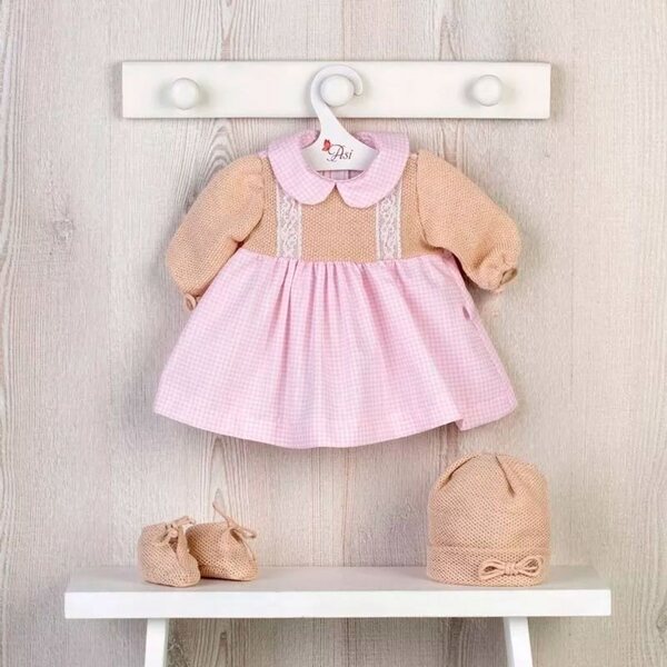 Set elegante beige per bambola Leo 46 cm con vestito, scarpe e cappellino ASI