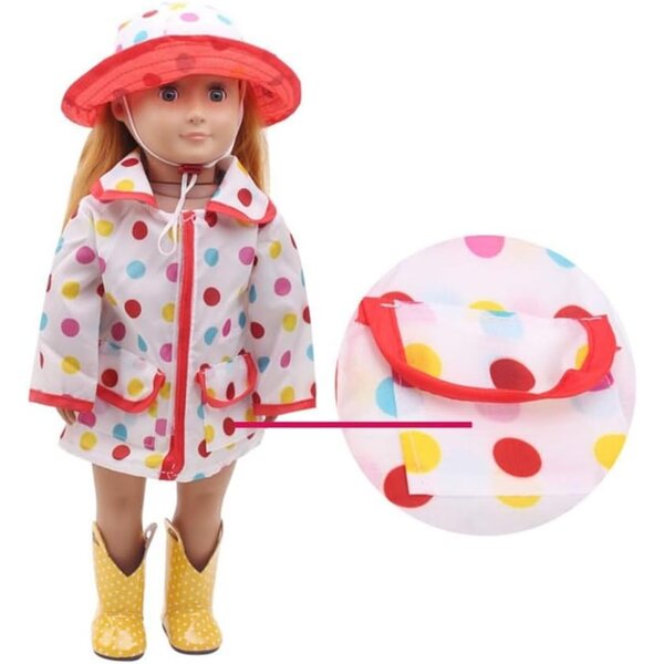 Polka Dot Regenmantel-Set mit Hut für amerikanische Puppe 46 cm – Uterui