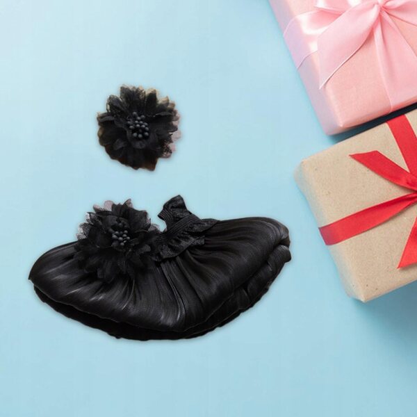 Plüschkleid mit Kopfschmuck für 17-cm-Puppen, schwarze Blumen, pädagogisch