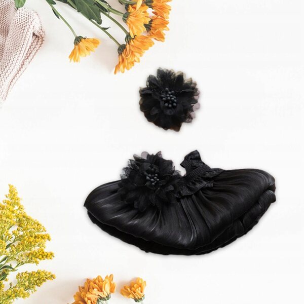 Plüschkleid mit Kopfschmuck für 17-cm-Puppen, schwarze Blumen, pädagogisch