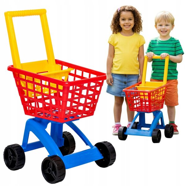 Roter Marktwagen für Kinder. Einkaufsspiel und Kunststoffkonstruktionen