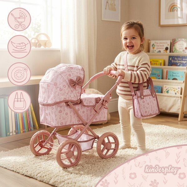 Kinderplay Puppenwagen mit tiefem Haken, Tasche und leisen Rädern