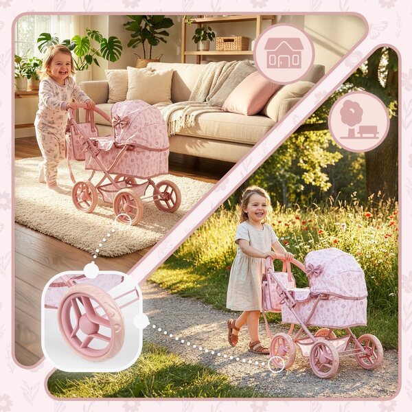Kinderplay Puppenwagen mit tiefem Haken, Tasche und leisen Rädern
