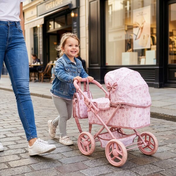 Kinderplay Puppenwagen mit tiefem Haken, Tasche und leisen Rädern