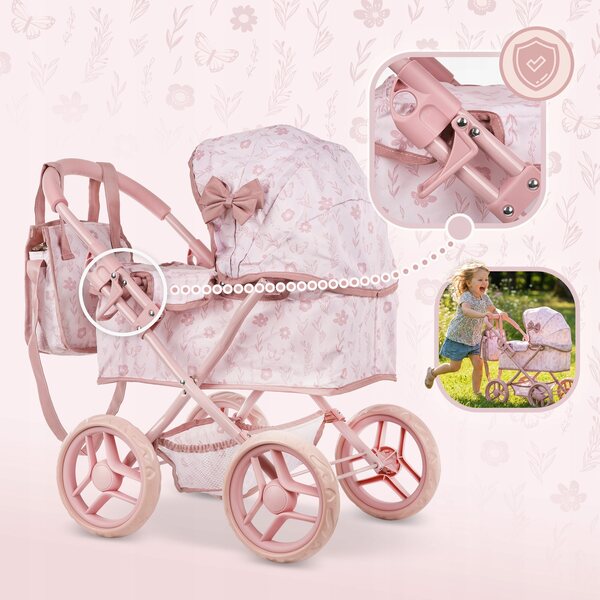 Kinderplay Puppenwagen mit tiefem Haken, Tasche und leisen Rädern