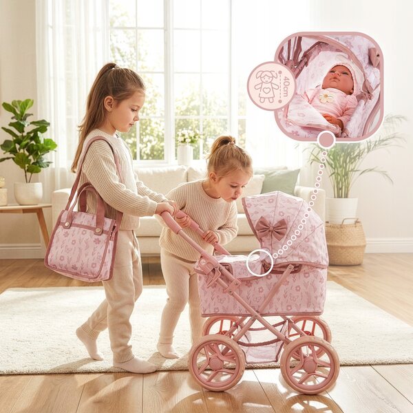 Kinderplay Puppenwagen mit tiefem Haken, Tasche und leisen Rädern