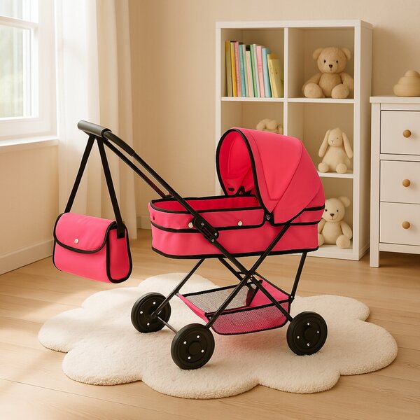 Diepe poppenwagen met inklapbaar frame en rubberen wielen, licht en groot