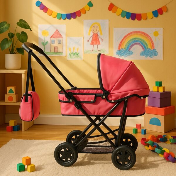 Diepe poppenwagen met inklapbaar frame en rubberen wielen, licht en groot