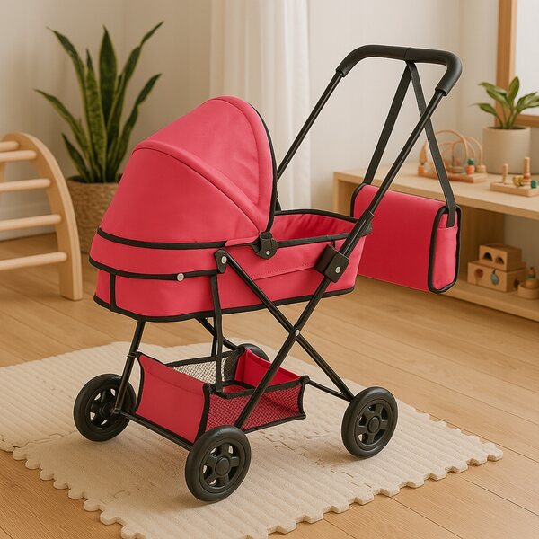 Diepe poppenwagen met inklapbaar frame en rubberen wielen, licht en groot