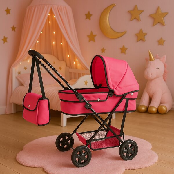 Diepe poppenwagen met inklapbaar frame en rubberen wielen, licht en groot