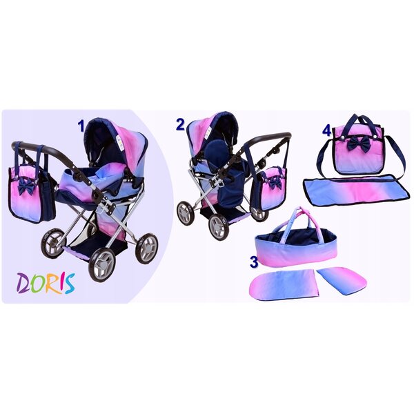 3-in-1-Kinderwagen für Doris-Puppen mit Gondel, Kinderwagen, Tasche und Klappbett