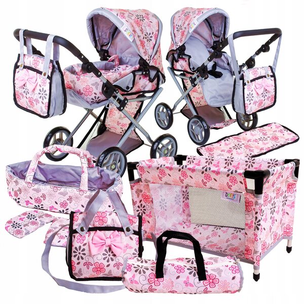 Doris 3in1 rosa Puppenwagen mit Gondel, Babytrage und Bettwäsche – Set für Mädchen
