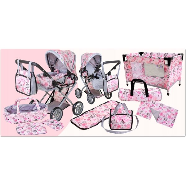 Doris 3in1 rosa Puppenwagen mit Gondel, Babytrage und Bettwäsche – Set für Mädchen