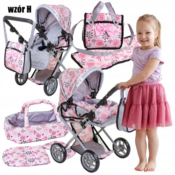 Doris 3in1 rosa Puppenwagen mit Gondel, Babytrage und Bettwäsche – Set für Mädchen